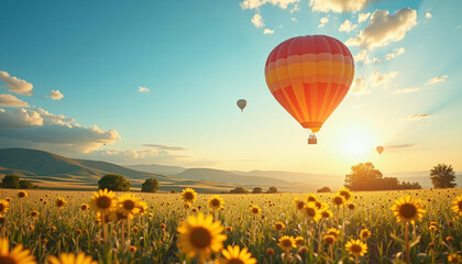 Scenic hot air balloon flight above a sunflower field at sunset with a breathtaking view