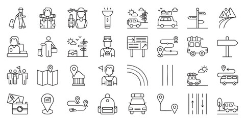 Tourist Road Journey set of web icons in line style. tourist road journey, road trip for tourists, scenic drive and travel by car. Vector illustration