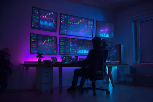 Trader working at night analyzing graphs on multiple computer screens