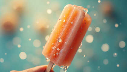 Melting orange popsicle held by hand on a sunny blurred summer day with water drops