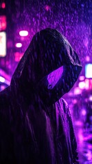 Person in dark hooded jacket in a rainy city at night