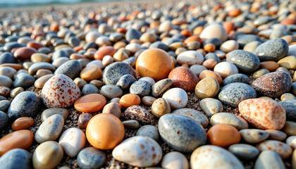 Close-up image of colorful pebbles on a sandy beach, perfect for backgrounds or textures
