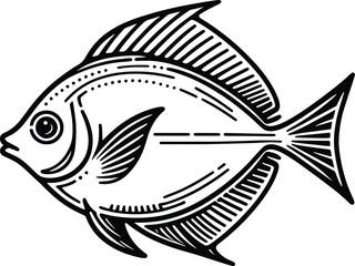 Pomfret fish line art vector illustration isolated on white background