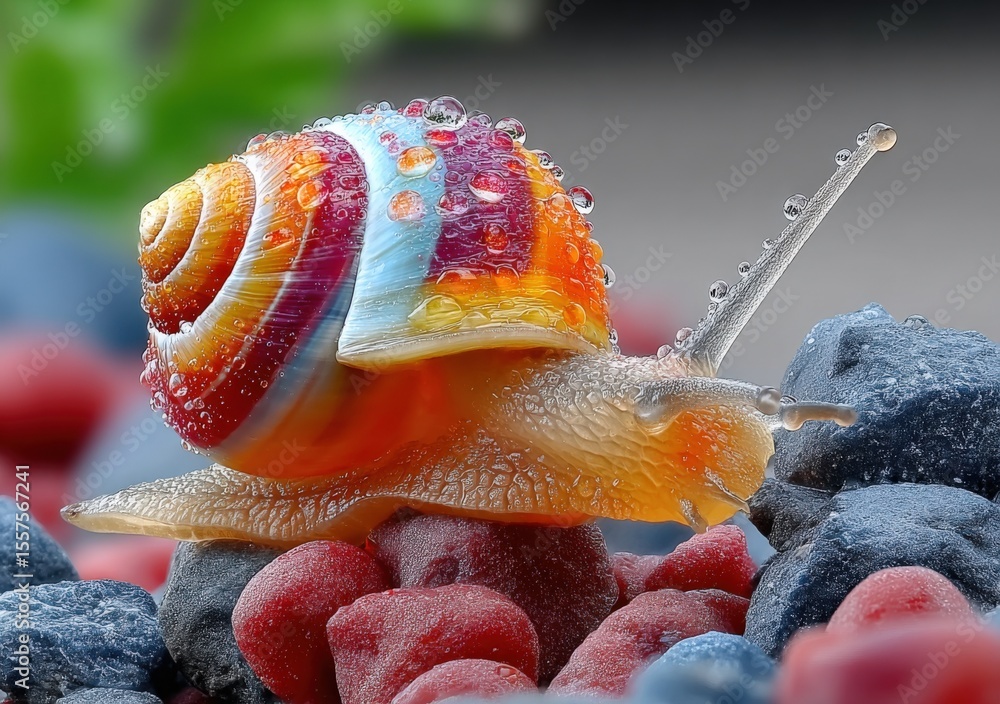 Poster Close-up of a colorful striped snail crawling on small rocks with water droplets and a blurred background in macro shot