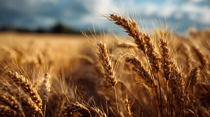 Fototapeta premium Golden wheat stalks sway in a vast field under a cloudy sky, embodying nature's bounty and the simple beauty of rural landscapes.