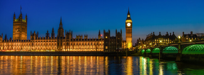 Illuminated Houses of Parliament and Big Ben at Night