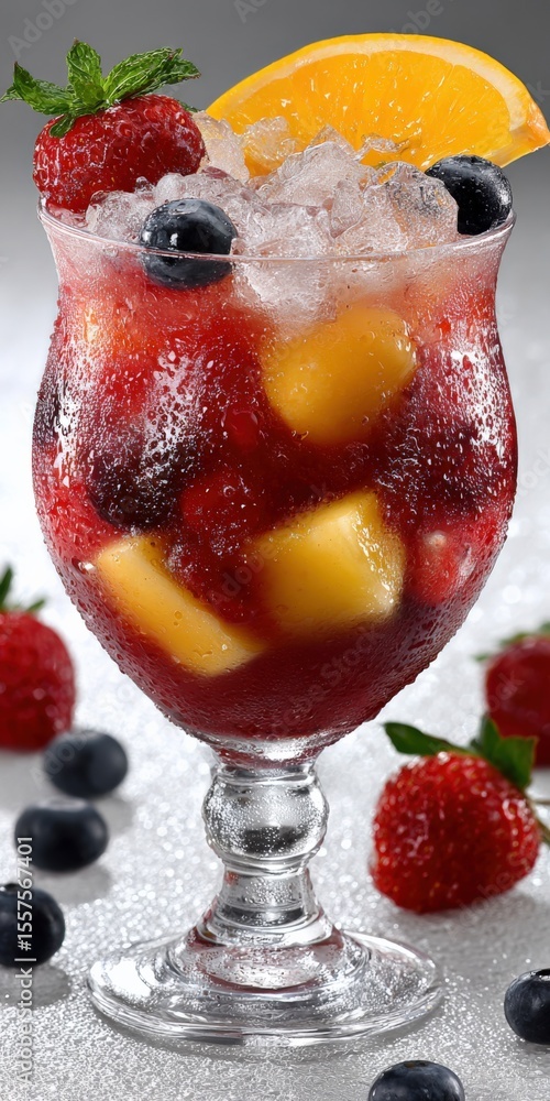 Poster refreshing mixed fruit sangria in a elegant glass with ice and fresh berries citrus slices and mnage