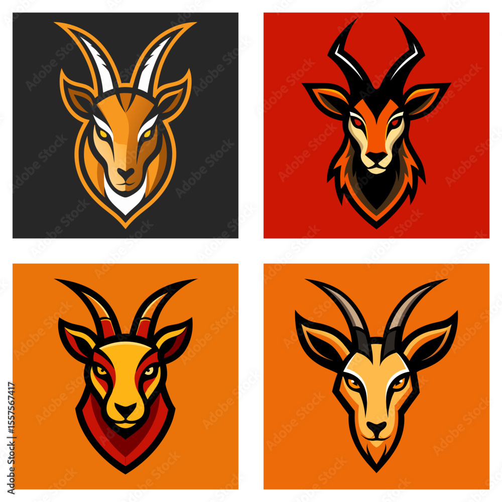 Poster four stylized gazelle heads with different color schemes on square backgrounds are displayed here