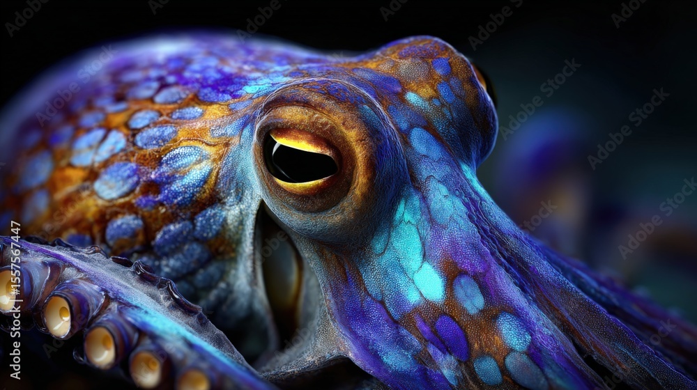 Poster Close-up detailed image of a vivid colorful octopus underwater with intricate skin patterns and glowing textures in a dark ocean environment
