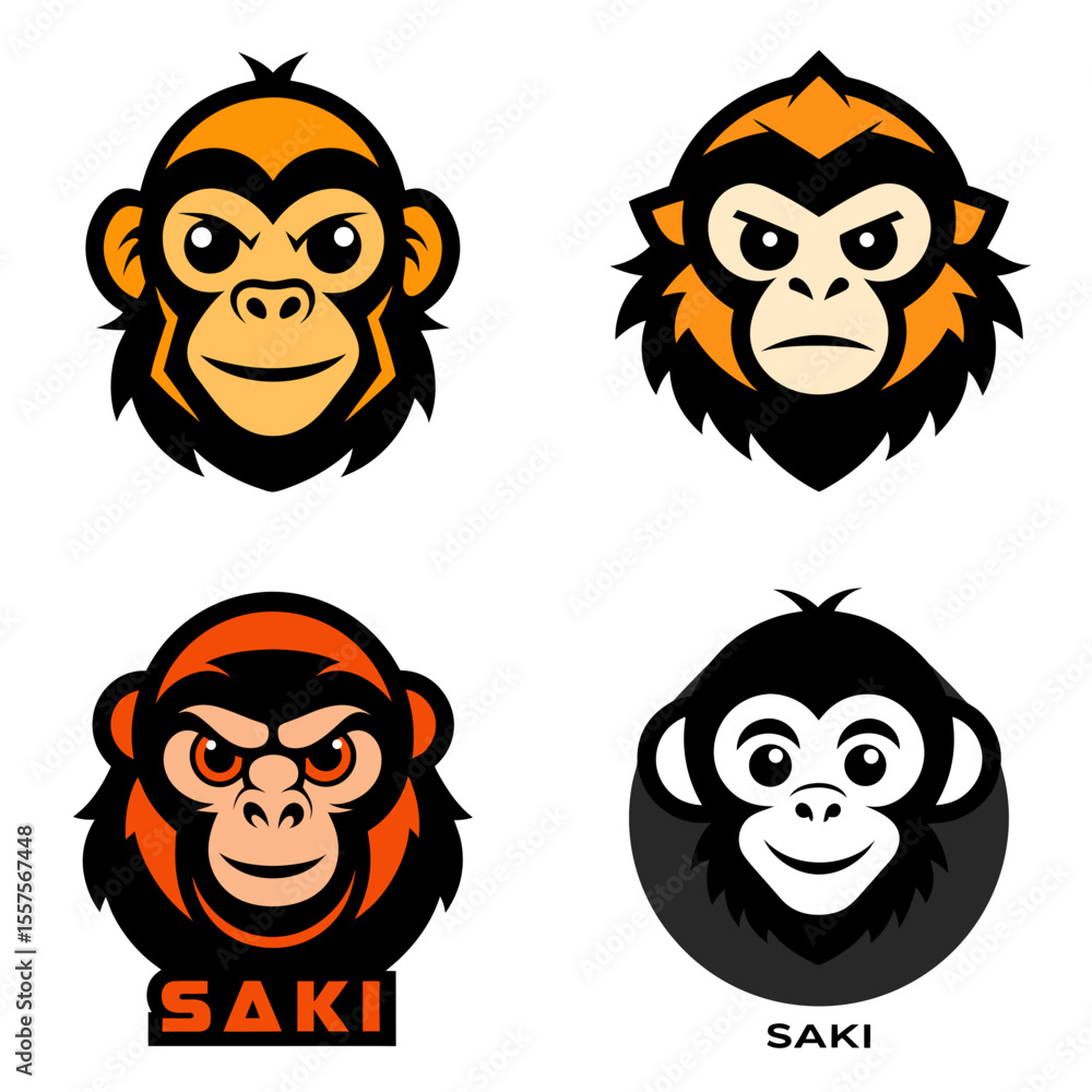 Poster illustration of four monkey head logos with different expressions and color schemes displayed