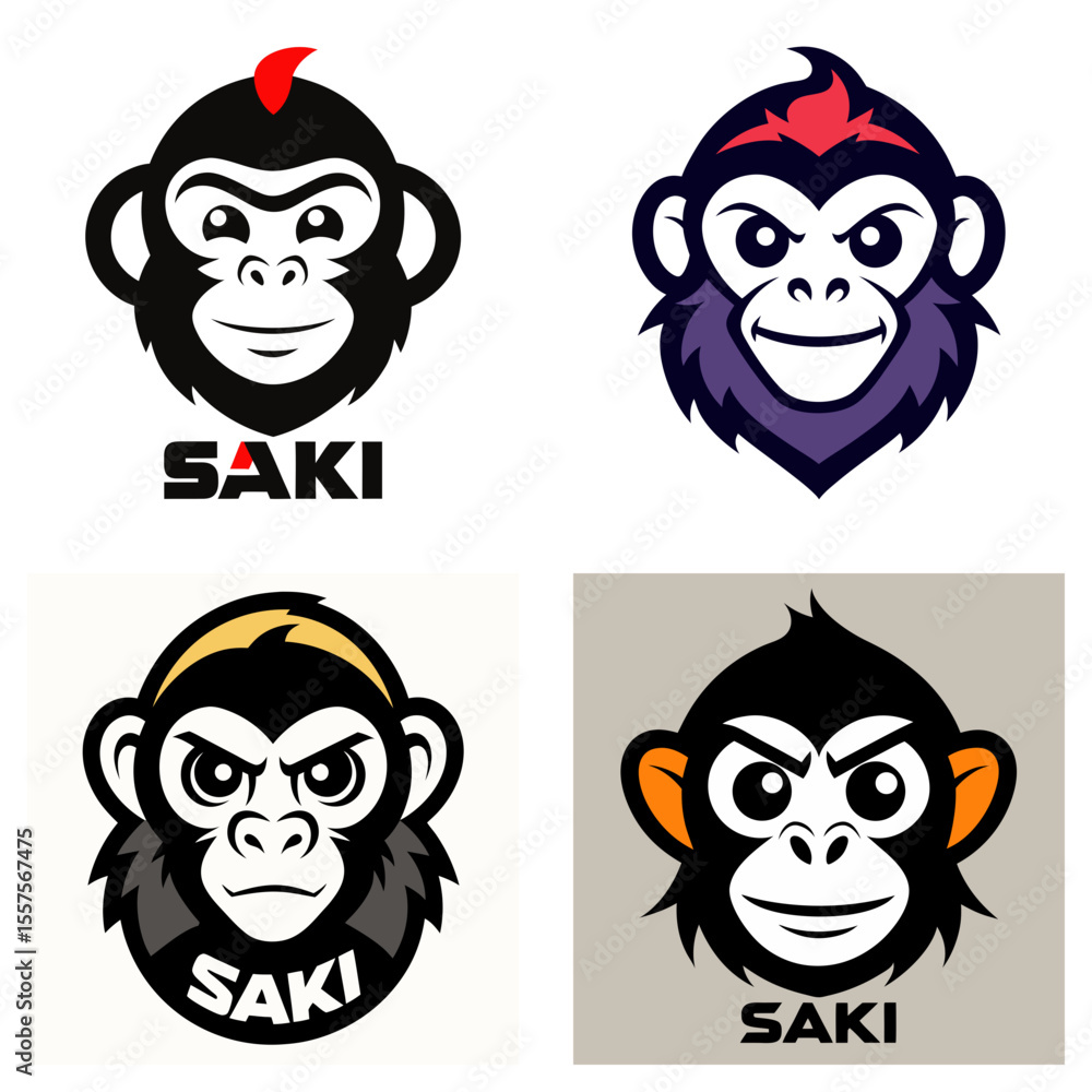 Aufkleber four monkey head logos with different color schemes and the word saki below each of them