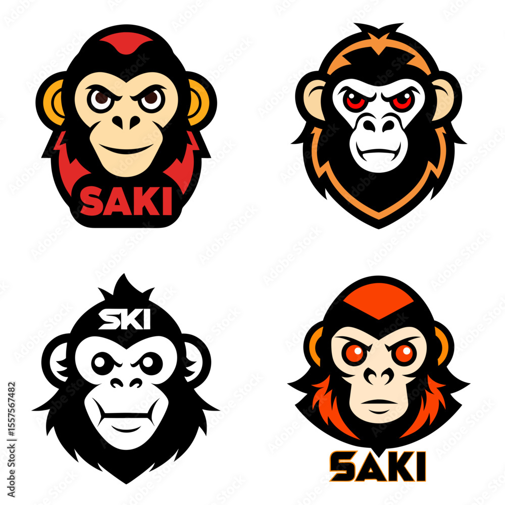 Aufkleber four monkey head logos with different color schemes and text variations displayed together nicely he