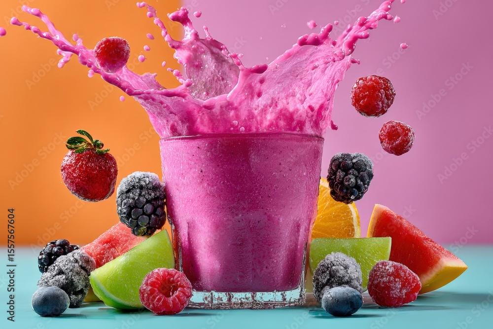 Poster vibrant fresh berry smoothie in clear glass with assorted fruit and berry splash on colorful backgro