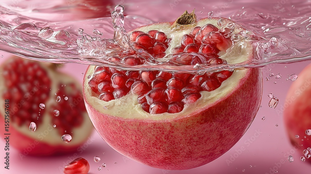 Aufkleber fresh pomegranate being submerged in water with splash effect on a pink background, close-up of juic