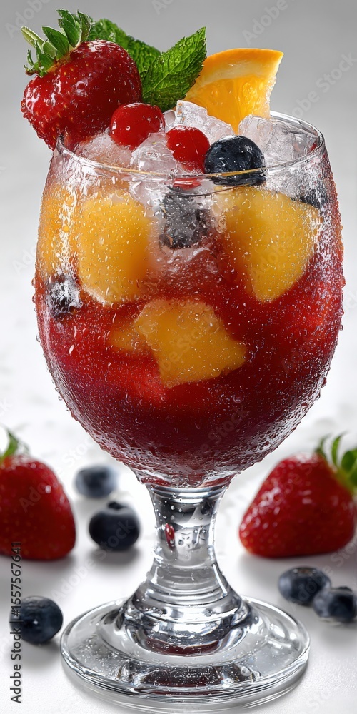Aufkleber refreshing fruit cocktail with mixed berries mango and mint in a glass over ice for cool summer refr