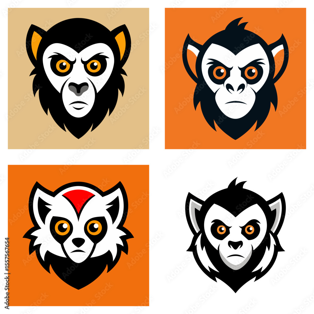 Poster illustration featuring four stylized monkey or lemur heads in a square grid with varying color schem