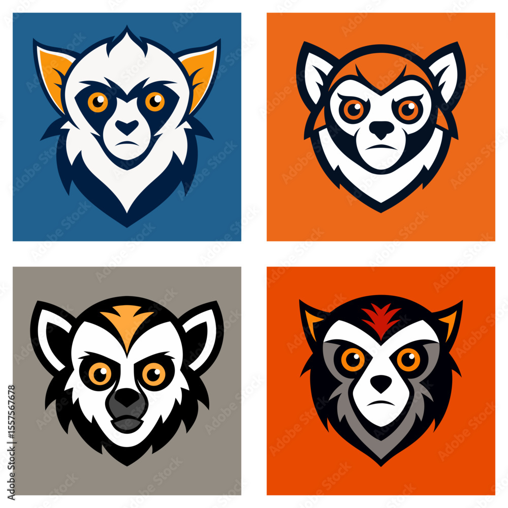 Aufkleber four square images showing different lemur head designs with varying color schemes and backgrounds