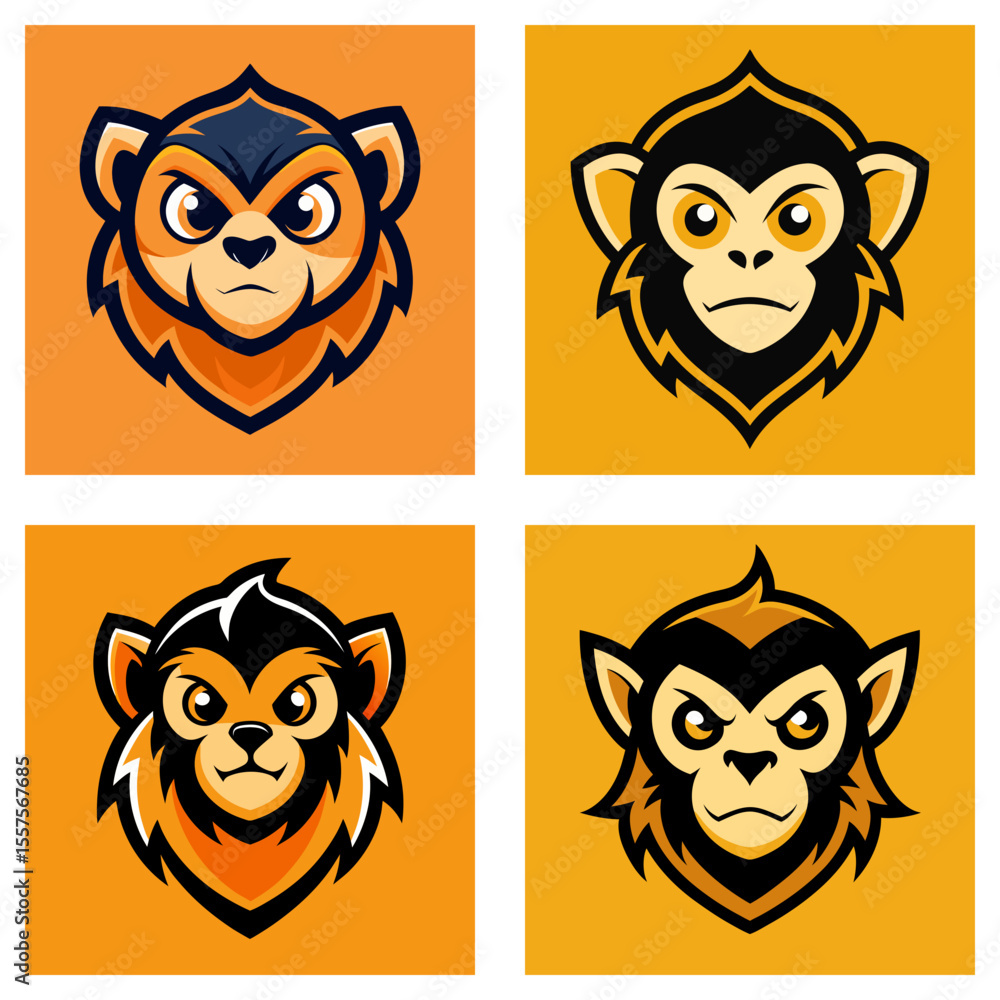Poster collection of four monkey head illustrations with different expressions and color schemes shown