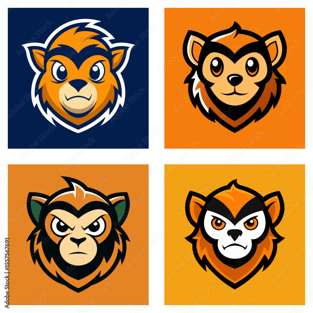 Poster collection of four stylized monkey head illustrations in square frames with varying expressions and 