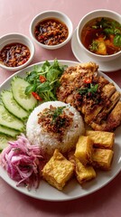Traditional Indonesian meal with steamed rice fried pork crispy pork and tofu served with spicy chili sauce and vegetable soup on pink table