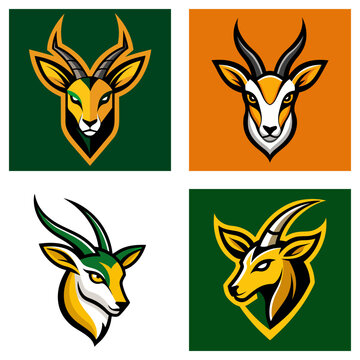 Collection of four stylized springbok head illustrations with varying backgrounds and color schemes