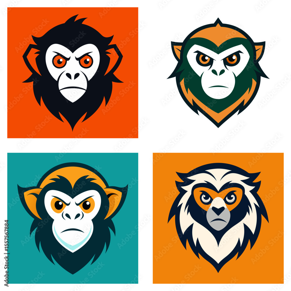 Aufkleber four square monkey head illustrations with different color schemes and distinct facial expressions
