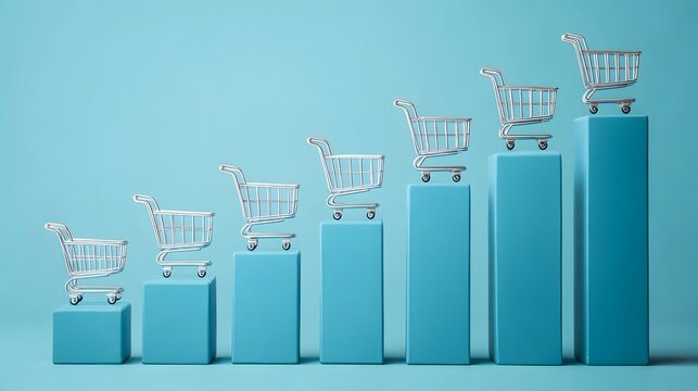 Shopping carts ascend blue columns, representing business growth, sales, or consumer trends on a matching sky blue background. - Powered by Adobe