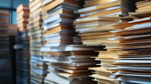 Overflowing Files: A close-up captures the ordered chaos of a room, overflowing with stacks of files and paperwork, symbolizing the complexities of data and bureaucracy.