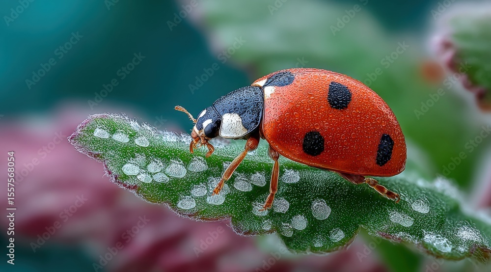 Poster close-up of a vibrant red ladybug with black spots perched on a dewy green leaf showing detailed tex