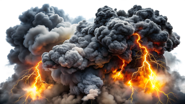 Fiery lightning strikes through dark storm clouds Ai thunder