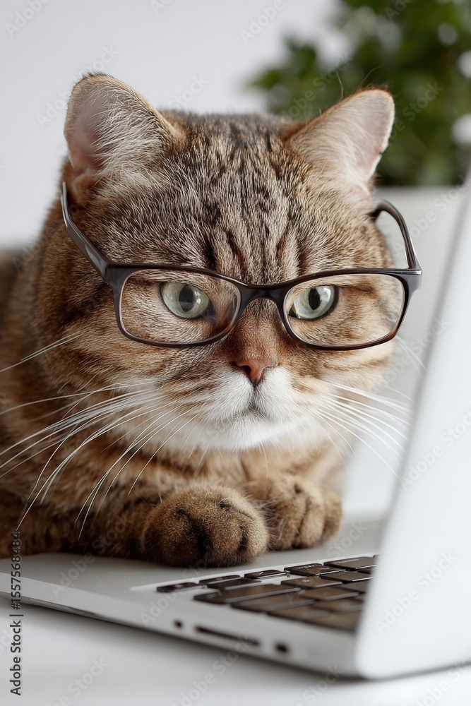 Poster close-up of a curious domestic short-haired tabby cat wea glasses looking at a laptop computer scree