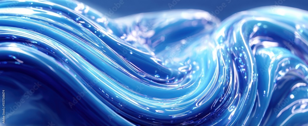 Poster abstract blue liquid flow waves with reflective surface and fluid motion for modern scientific or ar