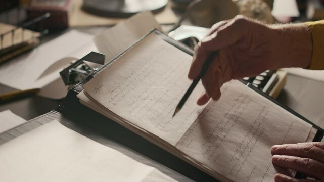 Cropped shot of hands of unrecognizable writers editing manuscript while sitting at desk in front of vintage typewriter and working on new book preparing it for publishing - Powered by Adobe