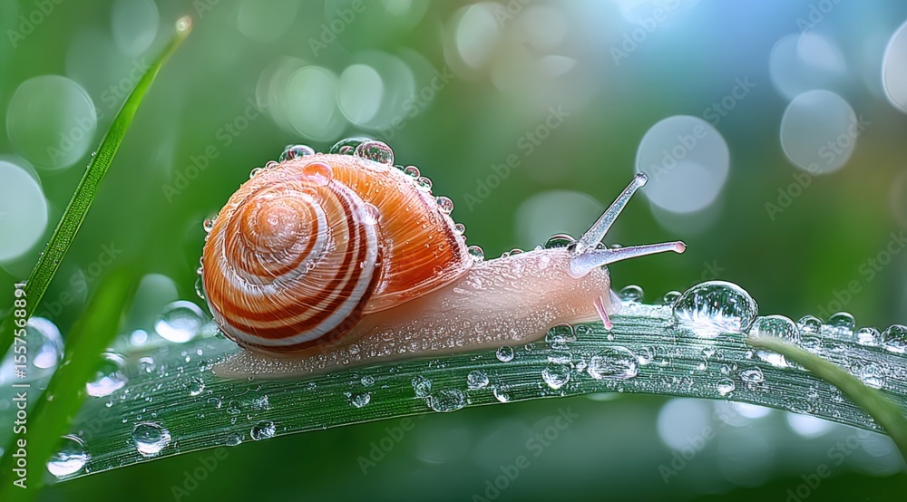 Poster close-up of a small snail moving along a dewy green leaf with water droplets in a natural outdoor se
