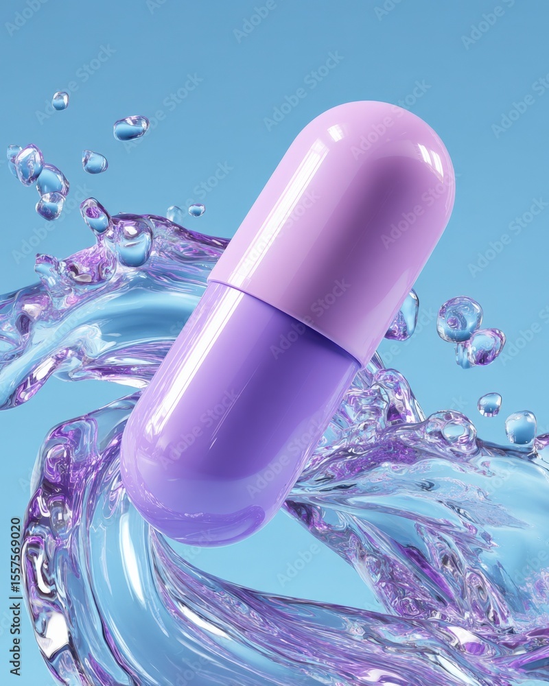 Poster close-up of a smooth purple capsule pill with a glossy finish floating above splashing water droplet