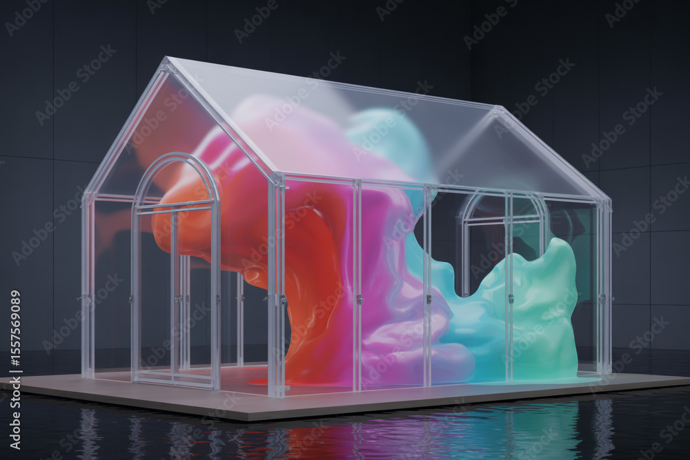Poster a clear house structure filled with colorful liquid on a reflective surface in a dark environment