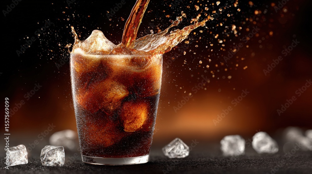Poster refreshing cold glass of soda with ice cubes and fizzy bubbles splashing with dark background for co