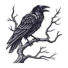 Gothic Raven Artwork for T-Shirt Design – Dark Bird on Tree Branch Illustration in Vintage Black Ink Style .