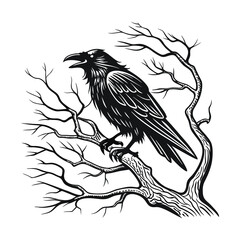 Gothic Raven Artwork for T-Shirt Design – Dark Bird on Tree Branch Illustration in Vintage Black Ink Style .