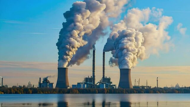 Two industrial smokestacks release thick plumes of smoke over a calm body of water.