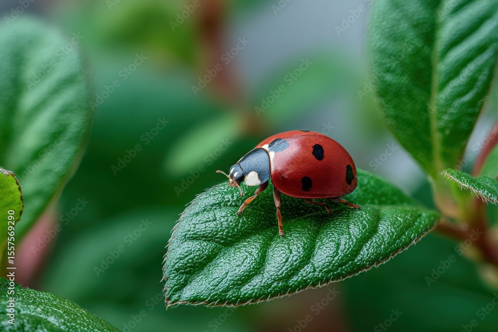Poster Close-up of a vibrant red ladybug with black spots resting on a lush green leaf in a natural garden setting with soft background