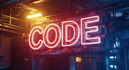 Cyberpunk Neon Signage Lights Up The Dark Cityscape With Coding Words