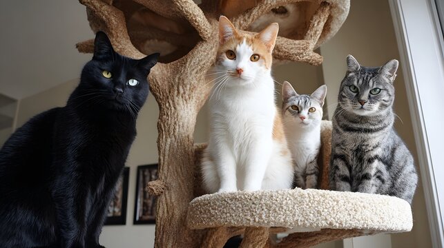 Four cats of varied colors and patterns are perched on a tall cat tree, looking directly at the camera, positioned near a bright window.