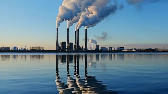 Two industrial smokestacks release thick plumes of smoke over a calm body