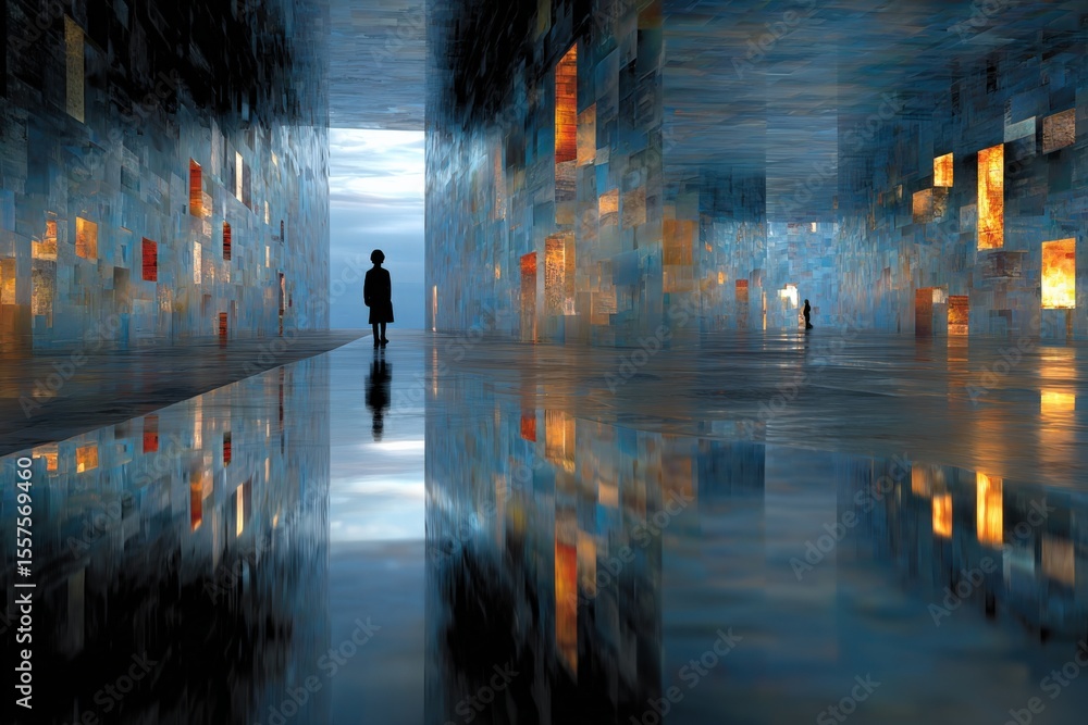 Poster futuristic interior tunnel with reflective wet floor and vibrant colorful wall light art installatio