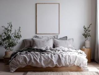 A bed with a white frame and a white bedspread. A vase with a plant on the bed