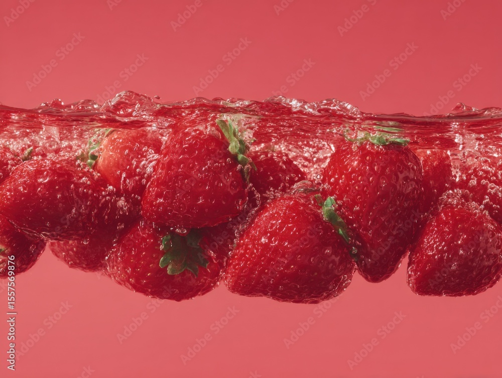 Poster Fresh ripe strawberries submerged in water creating bubbles and splash effect with pink background and vivid colors