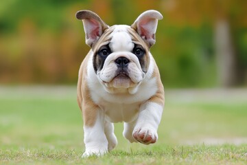 Fototapeta premium Adorable English Bulldog Puppy Running Towards Camera in Green Park Du Sunny Day with Blurred Natural Background