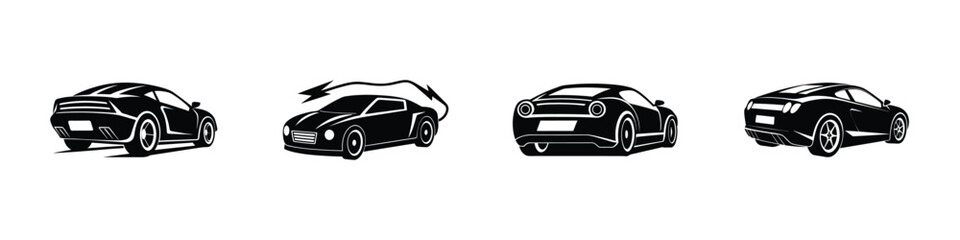 Sporty Rear View of Sports Car Charging Ahead Flat Silhouette on White Background