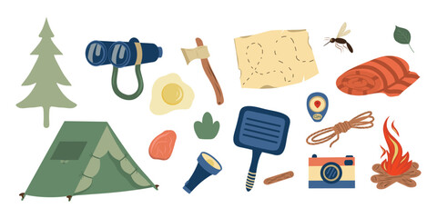 Camping elements vector set. Hiking and camping set. Camping tent, camera, tree, rolled blanket, leaf, mosquito, map, fried egg, pan, campfire, meat, binoculars, gps, hatchet, lantern, rope